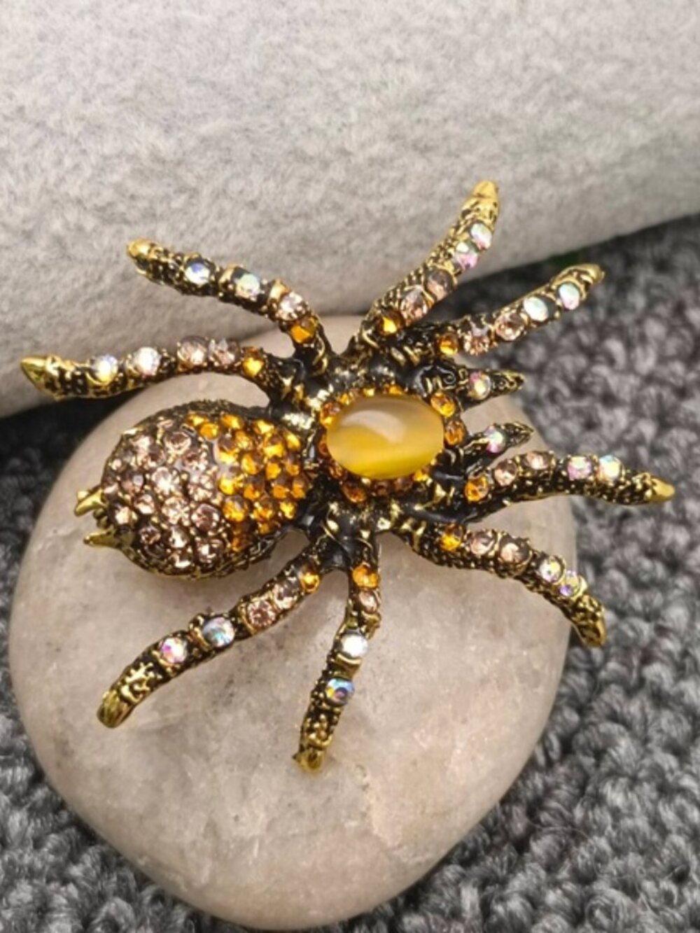 DESIGNER Goth Spider Gold Champagne/Iridescent/Yellow Crystal Brooch Pin**NEW!